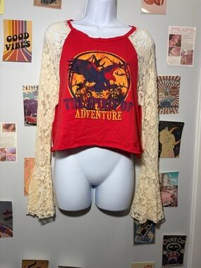 Shyanne Red Graphic Crop Top with Cream Lace Sleeves